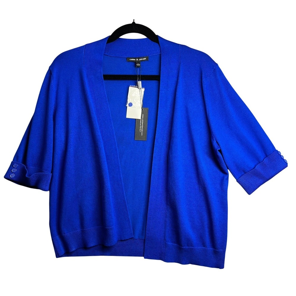 Cable & Gauge Cardigan Sweater Women L Royal Blue Open Front Short Sleeve Knit